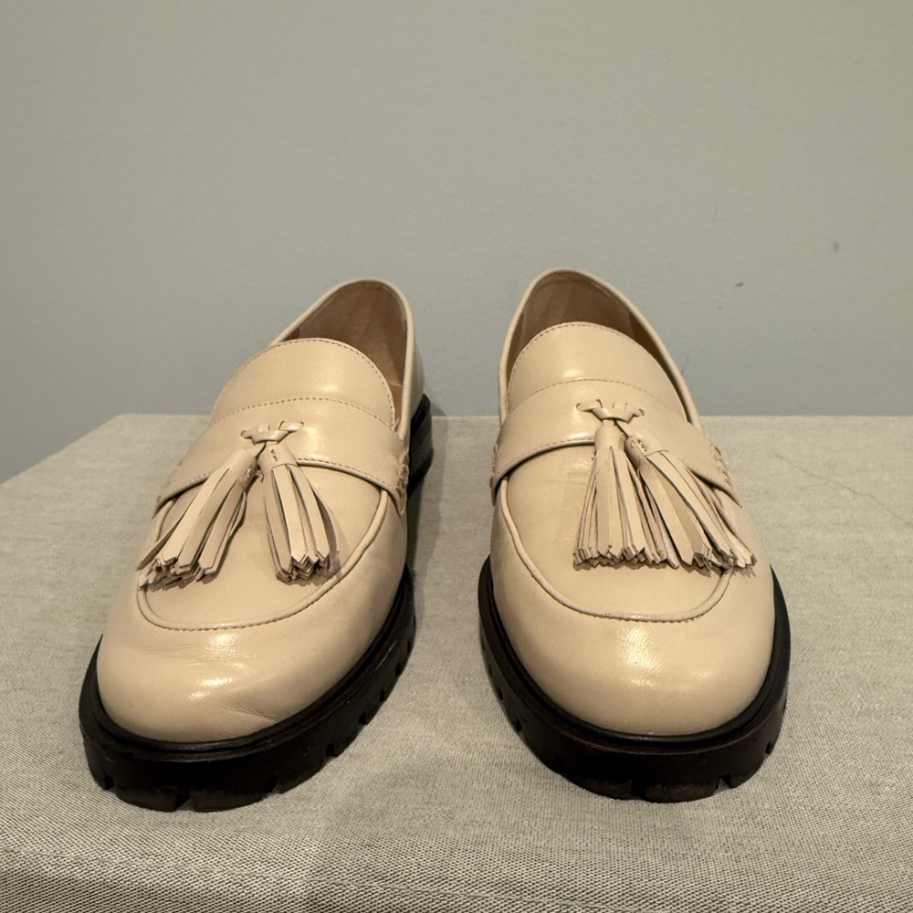 Beige Leather Tassel Loafers - Picture 3 of 9